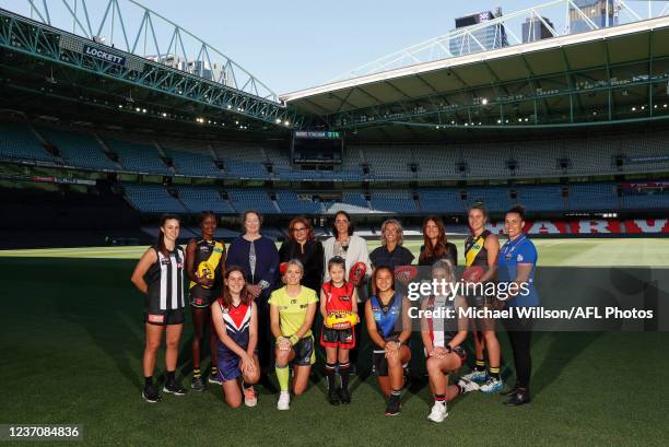 Chloe Molloy of the Magpies, Akec Makur Chuot of the Tigers, AFL Commissioner Simone Wilkie, Tanya Hosch, Executive General Manager of the AFL,...