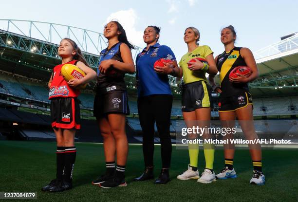 Abigail Barwick, Angelena Roan, Kirby Bentley, Greta Miller and Ellie McKenzie pose for a photograph during the AFLW Women's Football Vision Launch...