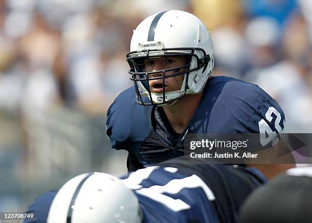 Michael Mauti of the Penn State Nittany Lions looks on against the Indiana State Sycamores during the game on September 3, 2011 at Beaver Stadium in...