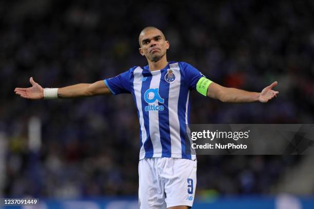 Porto's Portuguese defender Pepe reacts in action during the UEFA Champions League Group stage - Group B match between FC Porto and Atletico Madrid,...