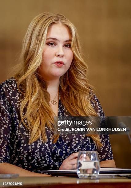 Dutch Princess Amalia speaks during the extraordinary meeting of the Council of State in the Balzaal in The Hague, on December 8, 2021 as the...