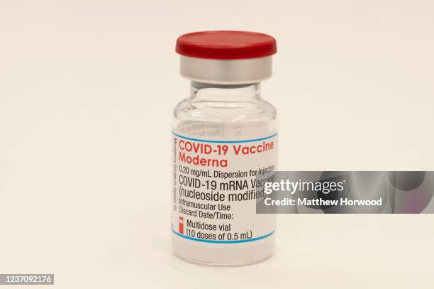 Close-up of the COVID-19 Moderna vaccine at the Cardiff Bay mass vaccination centre on December 8, 2021 in Cardiff, Wales. Yesterday Wales Health...