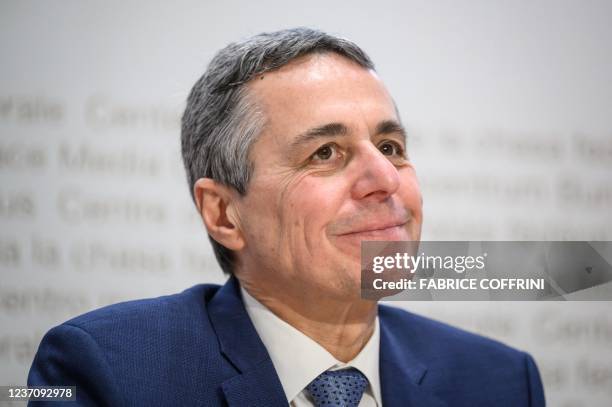 Swiss FM Ignazio Cassis attends a press conference following his election as new Swiss President by the Federal Assembly in Bern, on December 8,...