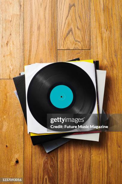 Top down view of a stack of vinyl records, taken on October 21, 2020.