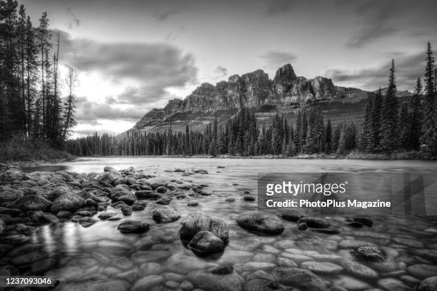 This image has been converted to black and white) Castle Mountain in Banff National Park, Canada, taken on August 6, 2019.