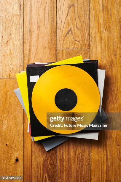 Top down view of a stack of vinyl records, taken on October 21, 2020.