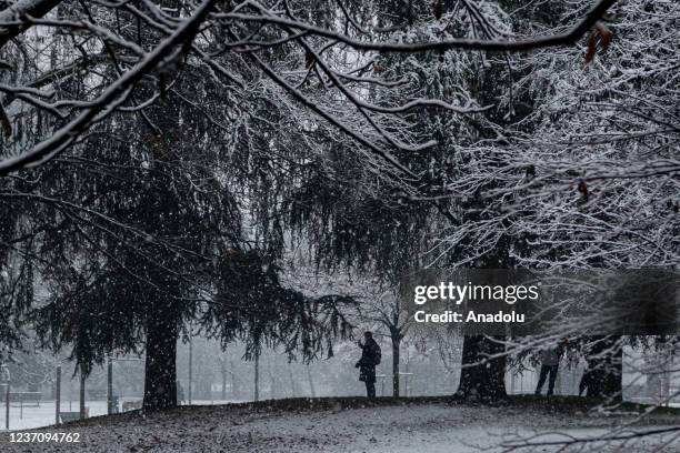 Man takes a picture under the trees in Parco Sempione as snow falls in Milan, Italy on 08/12/21