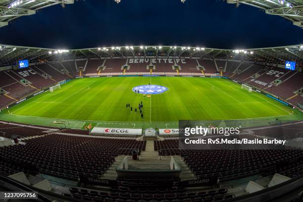 General view of the stadium ahead of the UEFA Women's Champions League group A match between Servette FCCF and Wolfsburg at Stade de Geneve on...