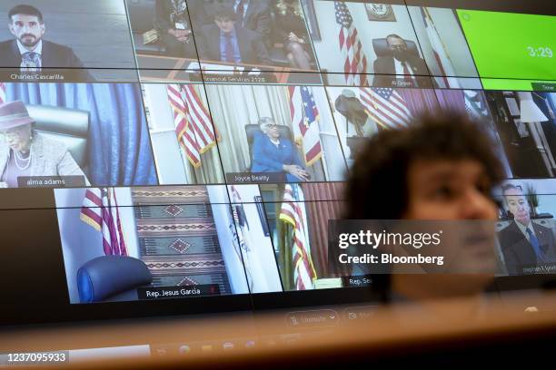 Members of Congress listen via video conference as Sam Bankman-Fried, chief executive officer of FTX Cryptocurrency Derivatives Exchange, speaks...