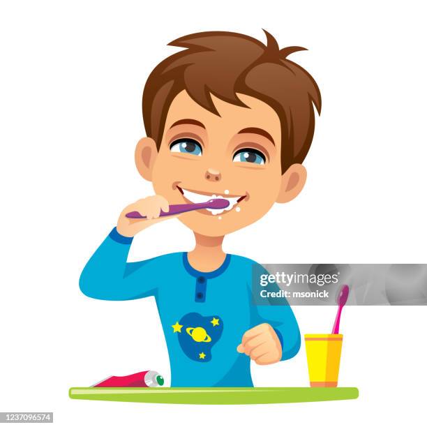 boy brushing teeth - brush teeth stock illustrations