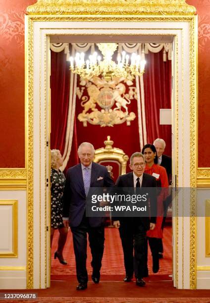 Prince Charles, Prince of Wales arrives with Lord Browne for the reception for the Queen Elizabeth Prize for Engineering at St James's Palace on...