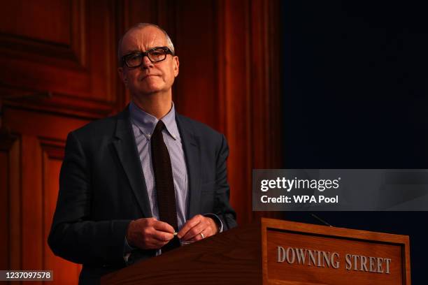 Britain's Chief Scientific Adviser Patrick Vallance attends a press conference at 10 Downing Street on December 8, 2021 in London, England. During...