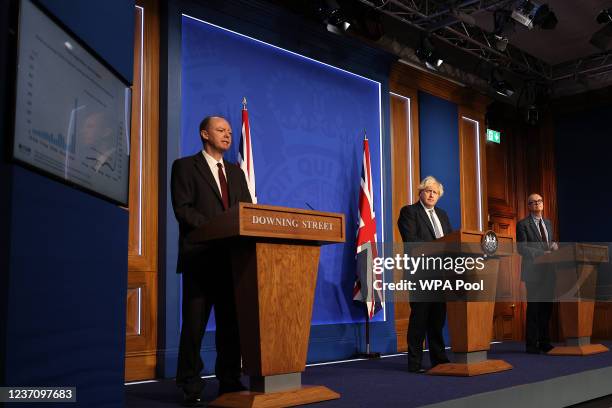 British prime Minister Boris Johnson Britain's Chief Medical Officer for England Chris Whitty and Britain's Chief Scientific Adviser Patrick Vallance...