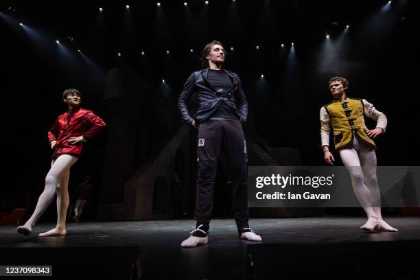 Barnaby Bishop, Sergei Polunin, and Diachi Ikarashi rehearse prior to Johan Kobborgs Romeo and Juliet at Royal Albert Hall on December 1, 2021 in...