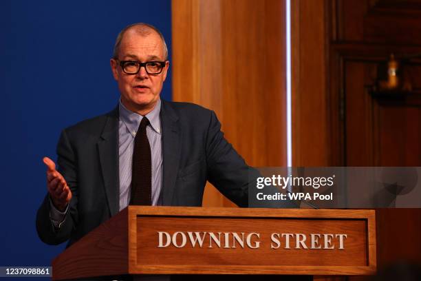Britain's Chief Scientific Adviser Patrick Vallance attends a press conference at 10 Downing Street on December 8, 2021 in London, England. During...