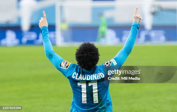 Claudinho of Zenit St. Petersburg celebrates after scoring during the UEFA Champions League group H match between Zenit St. Petersburg and Chelsea FC...