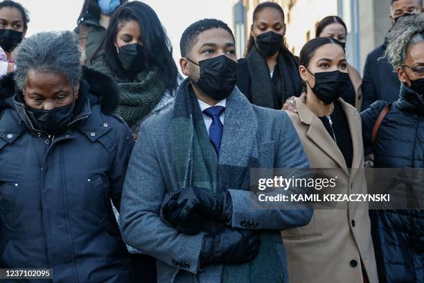 Jussie Smollett, leaves the Leighton Criminal Court Building between his mother Janet Smollett and sister Jurnee Smollett , after his trial on...