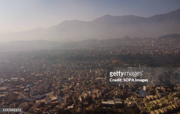 Aerial view of Thick toxic smog air pollution over the Kathmandu valley. Due to air pollution, a majority of people in and around Kathmandu valley...
