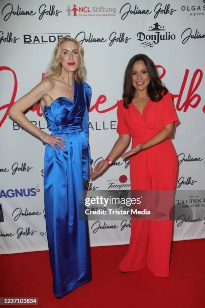 Juliane Golbs and Nandini Mitra attend the Juliane Golbs vernissage at Barlach Halle K on December 8, 2021 in Hamburg, Germany.