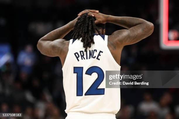 Taurean Prince of the Minnesota Timberwolves reacts after teammate Anthony Edwards missed a shot against the Utah Jazz at the end of the second...