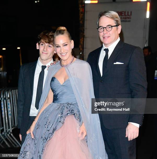 Matthew Broderick, Sarah Jessica Parker and James Broderick arrive to premiere of "And Just Like That" at Museum of Modern Art on December 8, 2021 in...