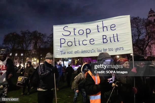 Protesters hold a banner that says "Stop the Police Bill, the most anti-democratic bill for 100 years" during the demonstration. Protesters initially...