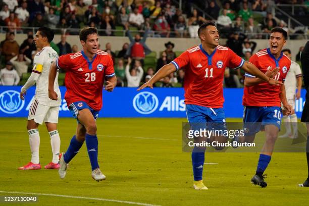 Ivan Morales of Chile celebrates his goal against Mexico during the first half of their match at Q2 Stadium on December 8, 2021 in Austin, Texas.