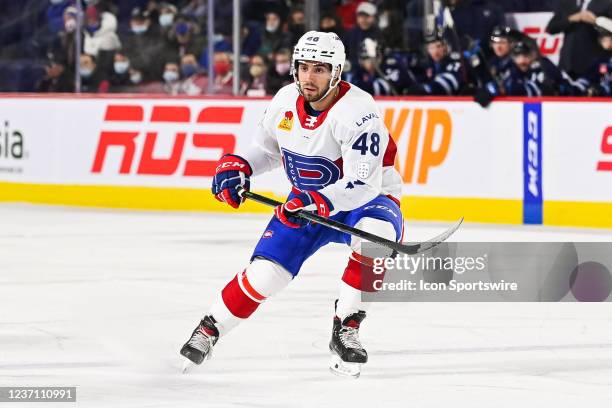 Laval Rocket center Peter Abbandonato tracks the play during the Manitoba Moose versus the Laval Rocket game on December 8 at Place Bell in Laval, QC