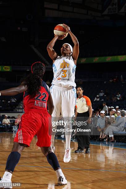 Dominique Canty of the Chicago Sky shoots the ball against the Washington Mystics and the Chicago Sky on August 26, 2011 at the All-State Arena in...