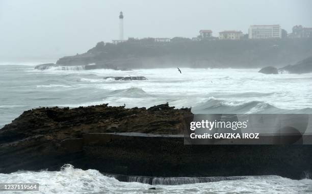 This picture shows the stormy sea in Biarritz, southwestern France, on December 9, 2021. - French national meteorological service Meteo-France placed...