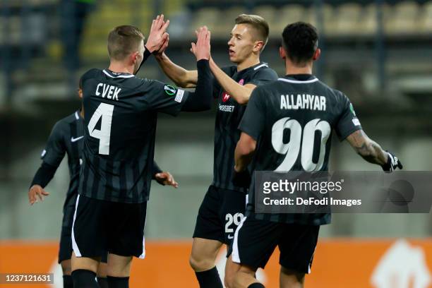 Yegor Nazaryna of Zorya Luhansk celebrates after scoring his team's first goal with teammates during the UEFA Europa Conference League group C match...