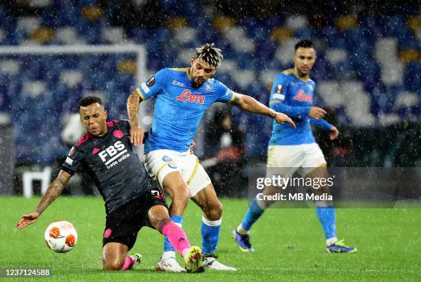 Kevin Malcuit of SSc Napoli competes for the ball with Ryan Bertrand of Leicester City ,during the UEFA Europa League group C match between SSC...