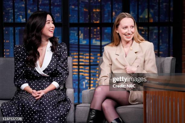 Episode 1233 -- Pictured: Actress Maya Erskine and Anna Konkle during an interview with host Seth Meyers on December 9, 2021--