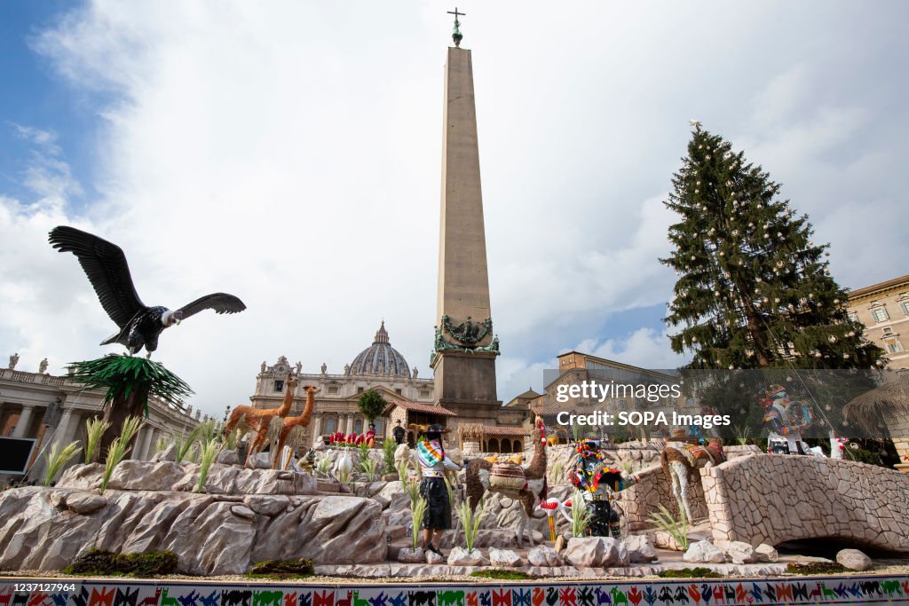 General view of the adorned Christmas tree and monument at...