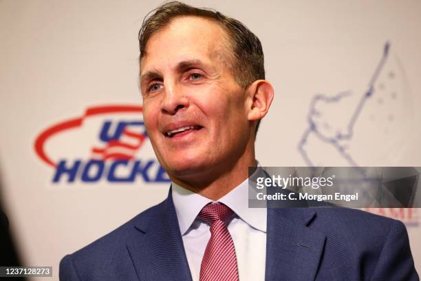 Head coach Tony Granato of the Wisconsin Badgers speaks with media before being inducted into the the U.S. Hockey Hall of Fame Class of 2020 at...