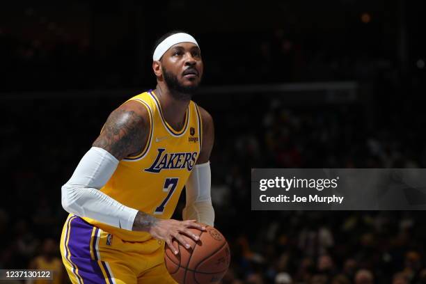 Carmelo Anthony of the Los Angeles Lakers shoots a free throw against the Memphis Grizzlies on December 9, 2021 at FedExForum in Memphis, Tennessee....