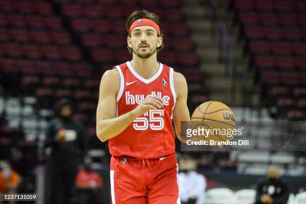 David Stockton of the Memphis Hustle handles the ball during an NBA G-League game against the Rio Grande Valley Vipers on December 9, 2021 at Landers...