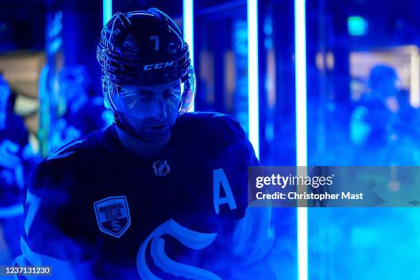 Jordan Eberle of the Seattle Kraken takes the ice against the Winnipeg Jets at Climate Pledge Arena on December 09, 2021 in Seattle, Washington.