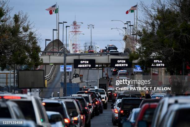 Vehicles wait to cross into Mexico on the Good Neighbor International Bridge on Stanton Street along the US-Mexico border between Texas and Ciudad...