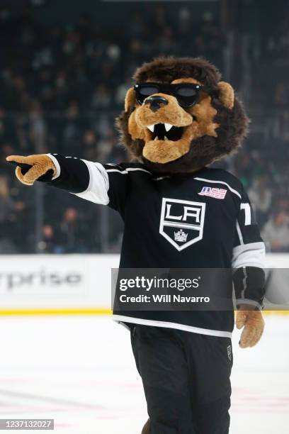 Los Angeles Kings mascot Bailey celebrates on the ice during the second period against the Dallas Stars at STAPLES Center on December 9, 2021 in Los...