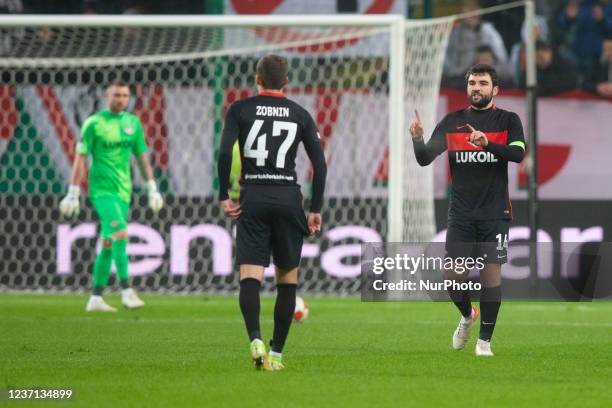 Roman Zobnin ,Georgi Dzhikiya during the UEFA Europa League match between Legia Warsaw v Spartak Moscow in Warsaw, Poland, on December 9, 2021.