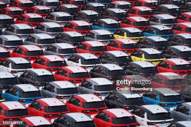 Toyota Motor Corp. Vehicles for export at the dockyard in the IPC Car Terminal at Tanjung Priok Port in Jakarta, Indonesia, on Friday, Dec. 10, 2021....