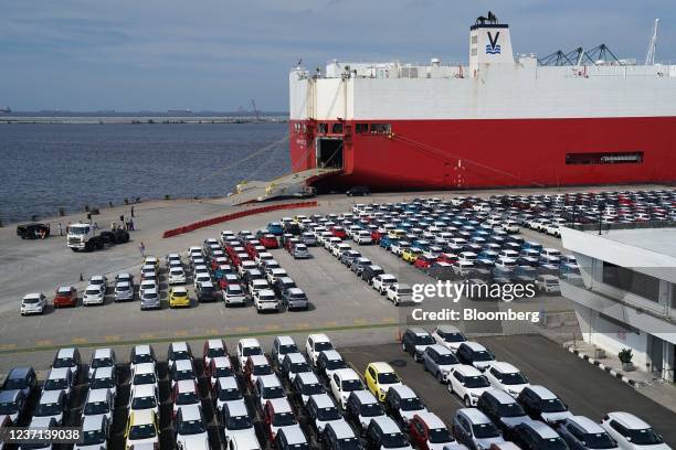 Toyota Motor Corp. Vehicles for export at the dockyard in the IPC Car Terminal at Tanjung Priok Port in Jakarta, Indonesia, on Friday, Dec. 10, 2021....