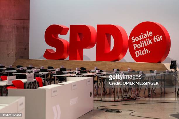 The letters of the logo of Social Democrats Party are set up and pictured on December 10, 2021 during a visit of the "City Cube" venue one day before...