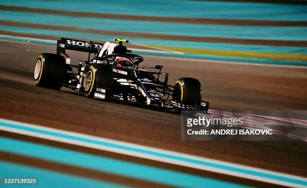 AlphaTauri's French driver Pierre Gasly drives at the Yas Marina Circuit during the second free practice session of the Abu Dhabi Formula One Grand...