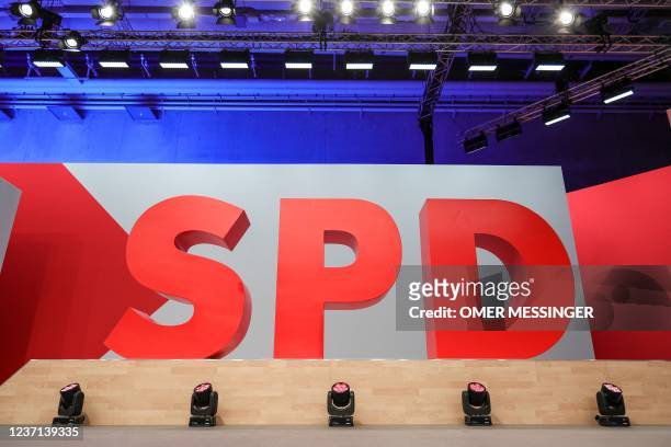 The letters of the logo of Social Democrats Party are set up and pictured on December 10, 2021 during a visit of the "City Cube" venue one day before...