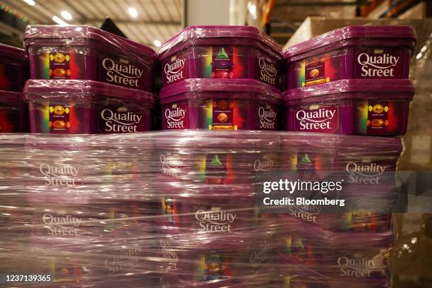 Pallet of Quality Street chocolates, manufactured by Nestle SA, at a distribution warehouse operated by GXO Logistics Inc. Near Derby, U.K., on...