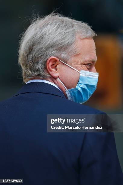 Presidential candidate Jose Antonio Kast of the Republican party gestures during a press media after the end ARCHI debate presidential on December...