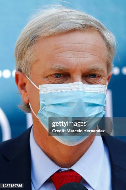 Presidential candidate Jose Antonio Kast of the Republican party gestures during a press media after the end ARCHI debate presidential on December...