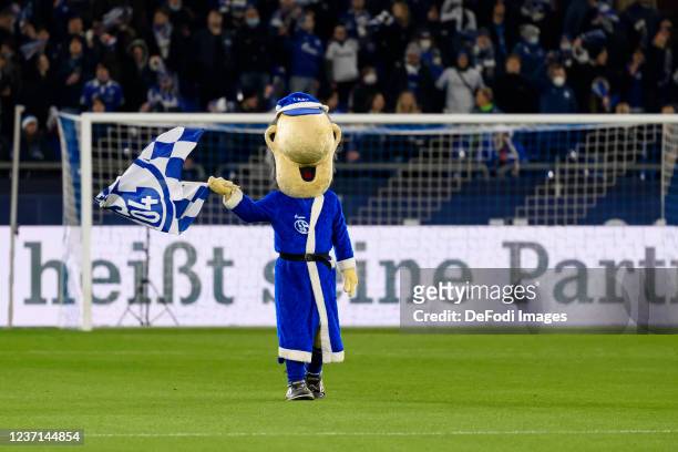Mascot Erwin are seen prior to the Second Bundesliga match between FC Schalke 04 and 1. FC Nürnberg at Veltins Arena on December 10, 2021 in...